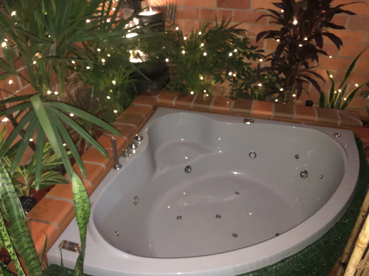 Corner whirlpool jacuzzi surrounded by tropical plants