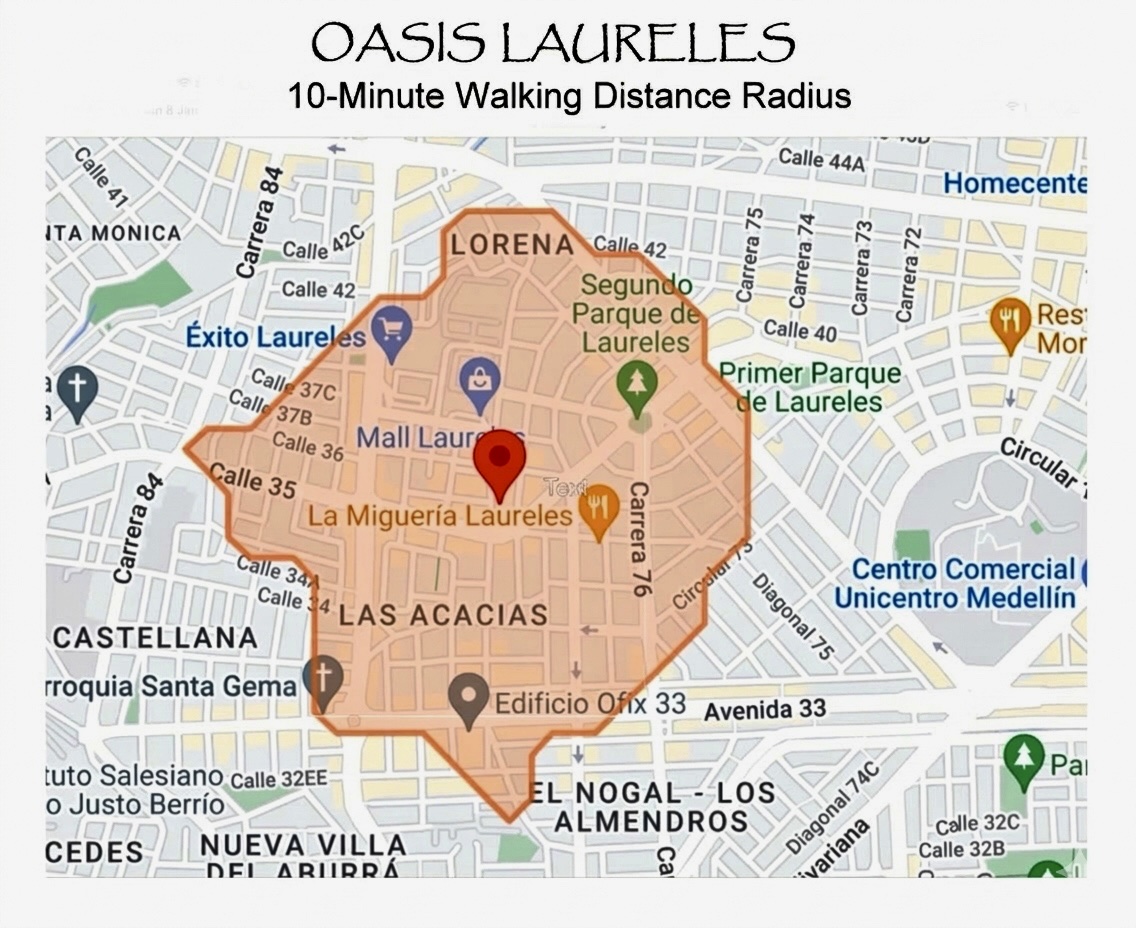 Oasis Laureles — 10-minute walking radius map in Laureles Medellín